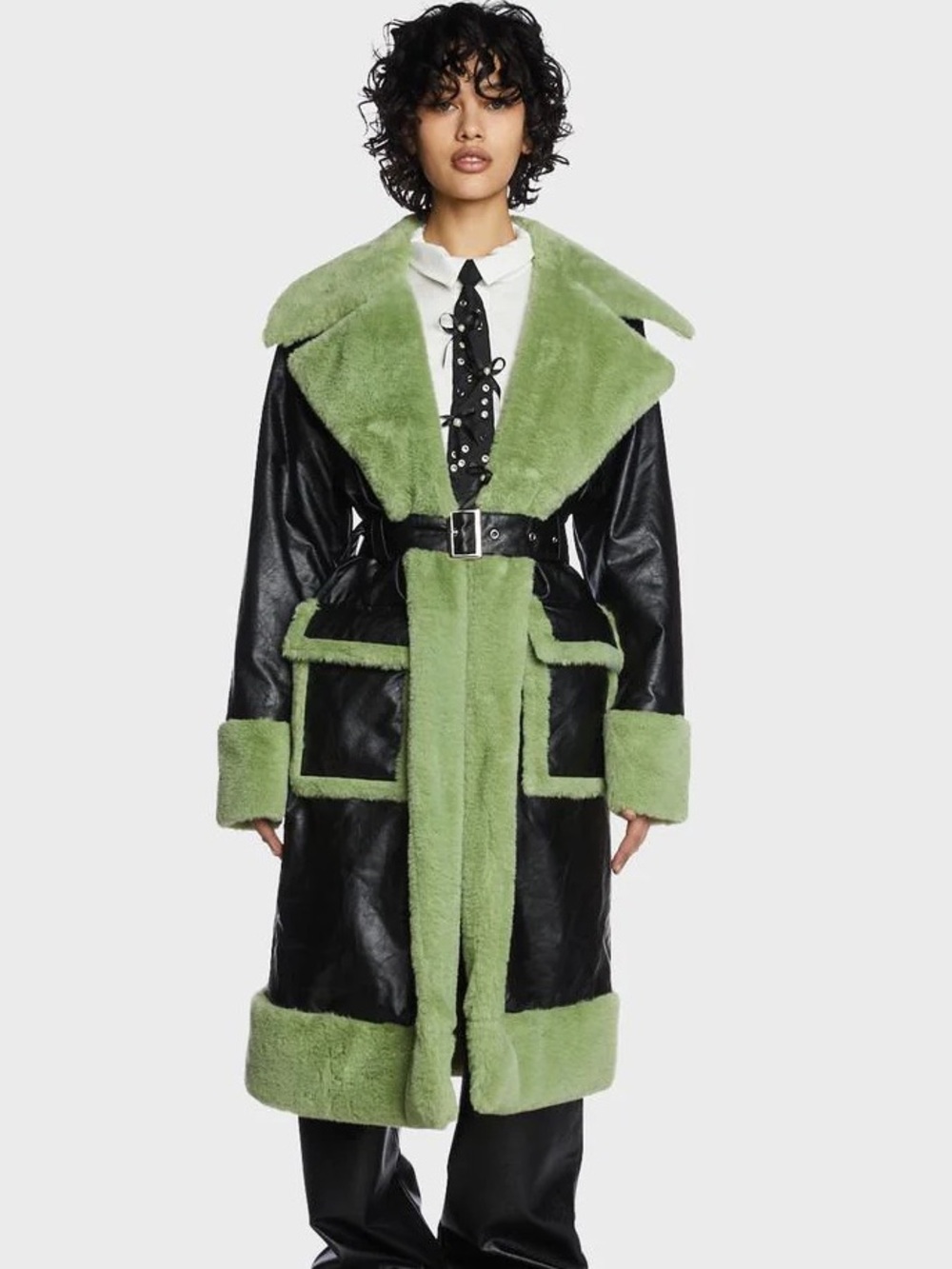 The Ragged Priest Oversized Black Shearling Coat with Lime Green Faux Fur Medium
